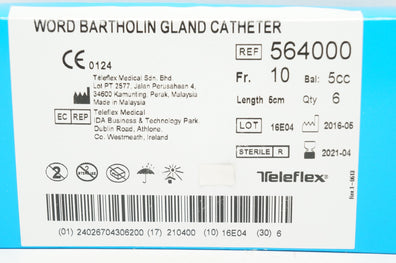 Teleflex 564000 Rusch Word Bartholin Gland Cath. 10Fr x 5cm, 5cc (x) - Box of 6